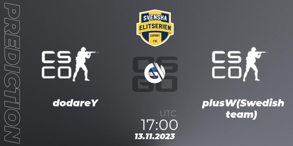 dodareY contre plusW(Swedish team) : prédiction de match. 13.11.2023 at 17:00. Counter-Strike (CS2), Svenska Elitserien Fall 2023: Online Stage
