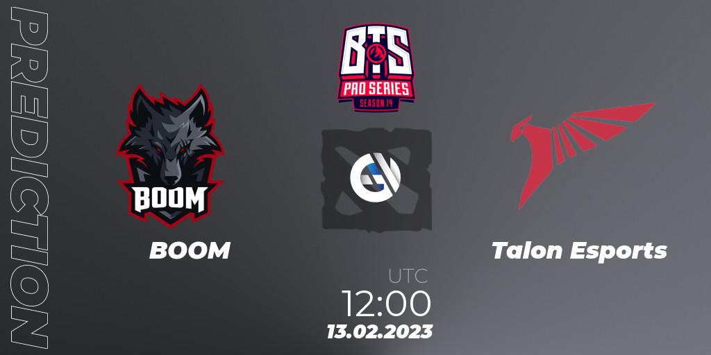 BOOM contre Talon Esports : prédiction de match. 12.02.2023 at 09:00. Dota 2, BTS Pro Series Season 14: Southeast Asia