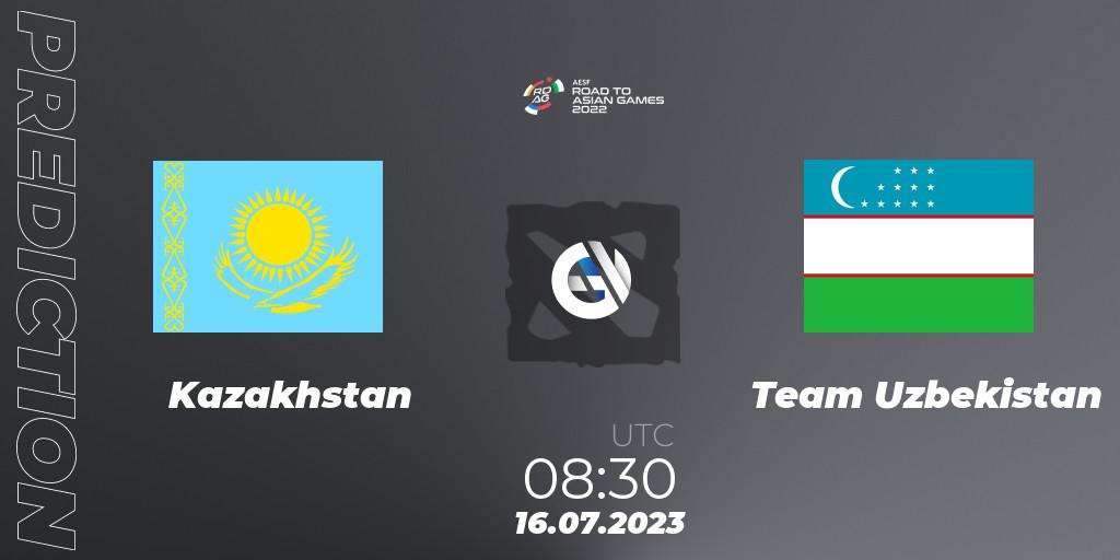 Kazakhstan contre Team Uzbekistan : prédiction de match. 16.07.2023 at 08:30. Dota 2, 2022 AESF Road to Asian Games - Central Asia