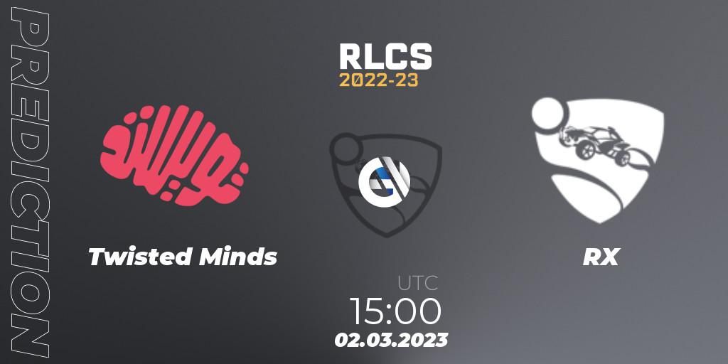 Twisted Minds contre RX : prédiction de match. 02.03.2023 at 15:00. Rocket League, RLCS 2022-23 - Winter: Middle East and North Africa Regional 3 - Winter Invitational