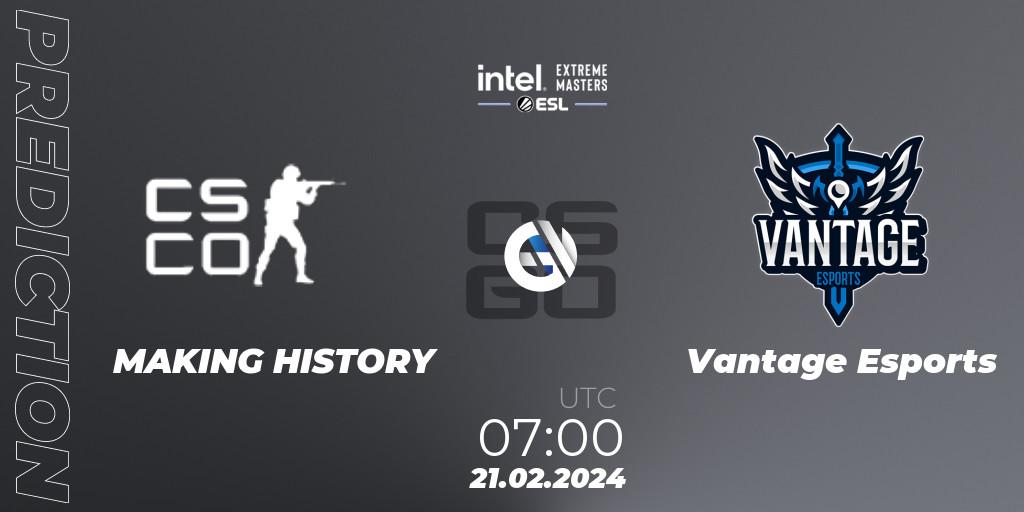 MAKING HISTORY contre Vantage Esports : prédiction de match. 21.02.2024 at 07:00. Counter-Strike (CS2), Intel Extreme Masters Dallas 2024: Oceanic Open Qualifier #2