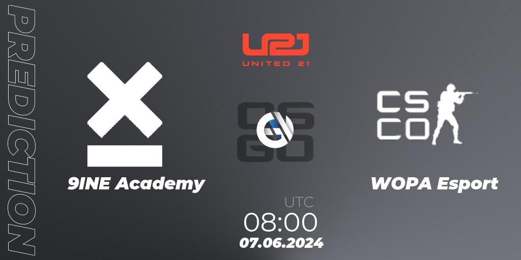 9INE Academy contre WOPA Esport : prédiction de match. 07.06.2024 at 08:00. Counter-Strike (CS2), United21 Season 16