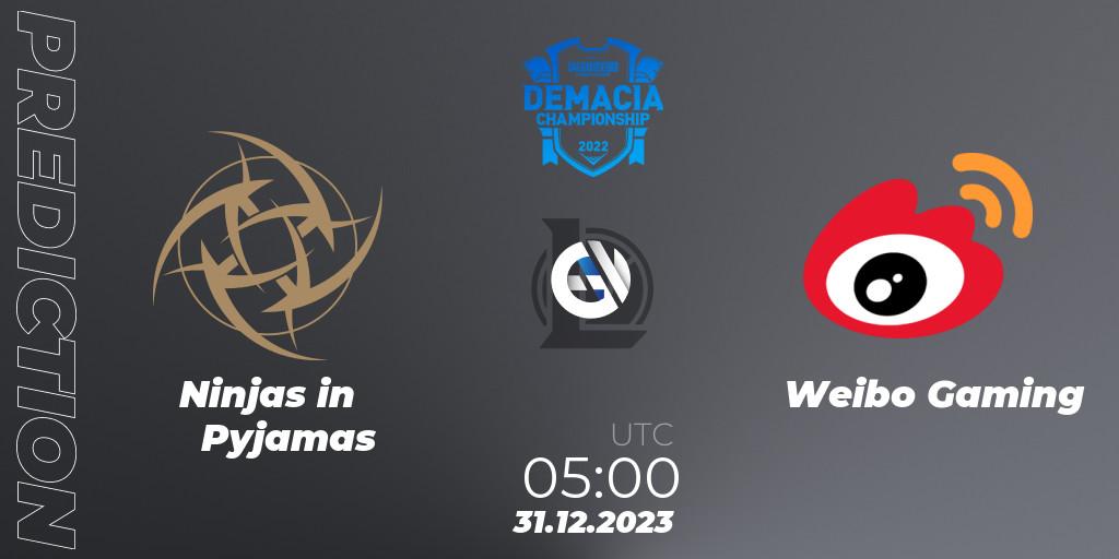 Ninjas in Pyjamas contre Weibo Gaming : prédiction de match. 31.12.2023 at 05:00. LoL, Demacia Cup 2023 Playoffs