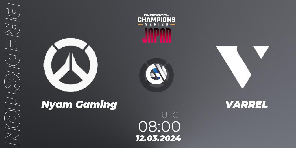Nyam Gaming contre VARREL : prédiction de match. 12.03.2024 at 09:00. Overwatch, Overwatch Champions Series 2024 - Stage 1 Japan