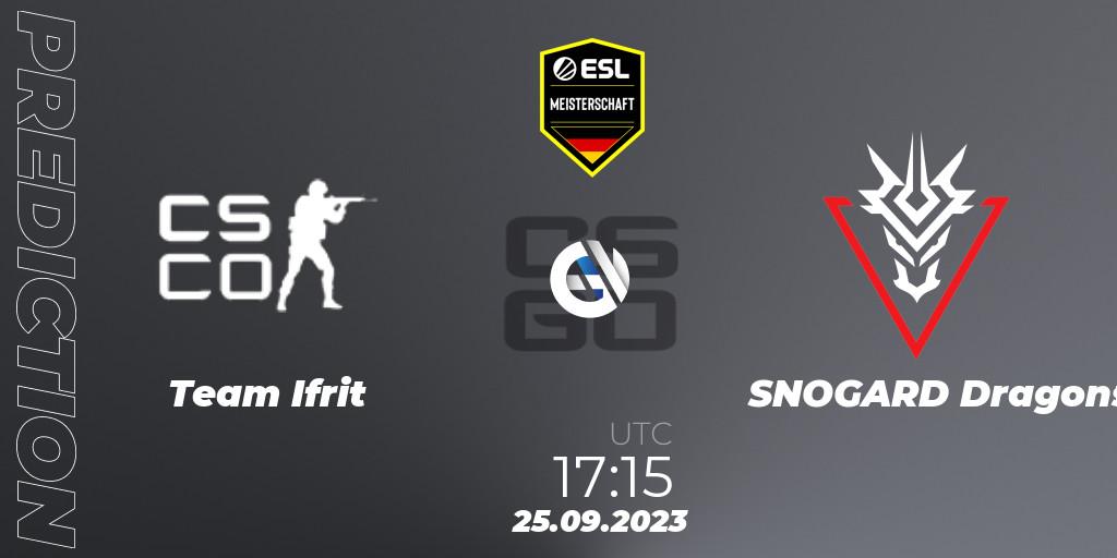 Team Ifrit contre SNOGARD Dragons : prédiction de match. 25.09.2023 at 17:15. Counter-Strike (CS2), ESL Meisterschaft: Autumn 2023