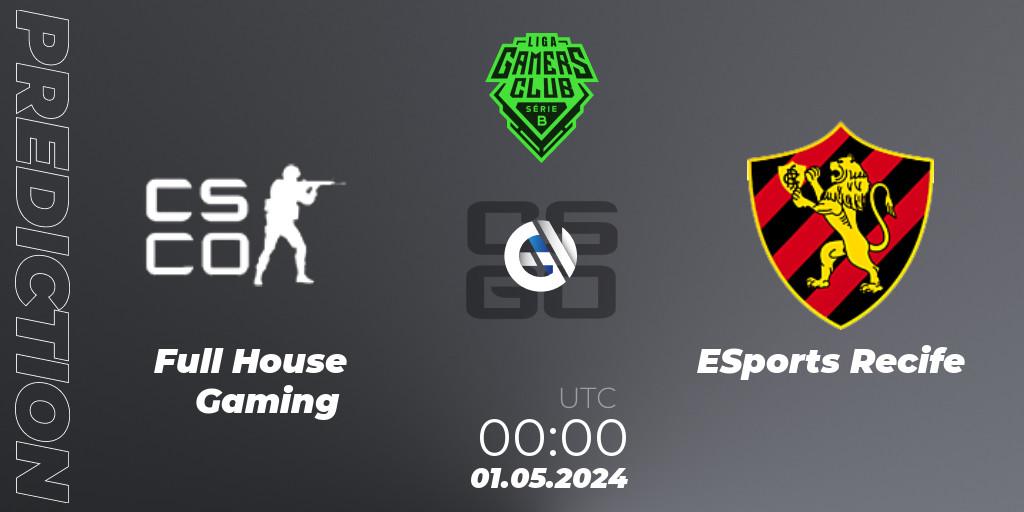 Full House Gaming contre ESports Recife : prédiction de match. 01.05.2024 at 00:00. Counter-Strike (CS2), Gamers Club Liga Série B: April 2024