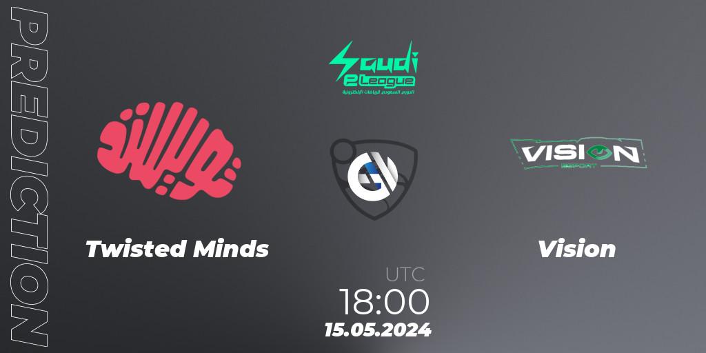 Twisted Minds contre Vision : prédiction de match. 15.05.2024 at 18:00. Rocket League, Saudi eLeague 2024 - Major 2: Online Major Phase 1