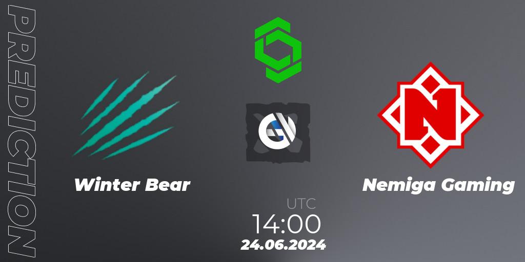 Winter Bear contre Nemiga Gaming : prédiction de match. 24.06.2024 at 15:00. Dota 2, CCT Dota 2 Series 1