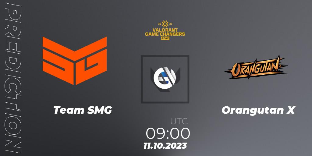 Team SMG contre Orangutan X : prédiction de match. 11.10.2023 at 09:00. VALORANT, VCT 2023: Game Changers APAC Elite