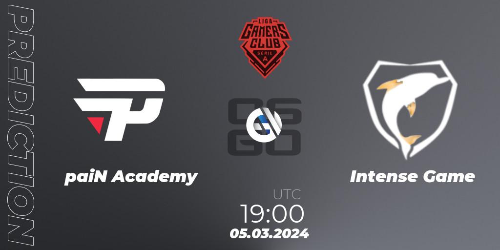 paiN Academy contre Intense Game : prédiction de match. 05.03.2024 at 19:00. Counter-Strike (CS2), Gamers Club Liga Série A: February 2024