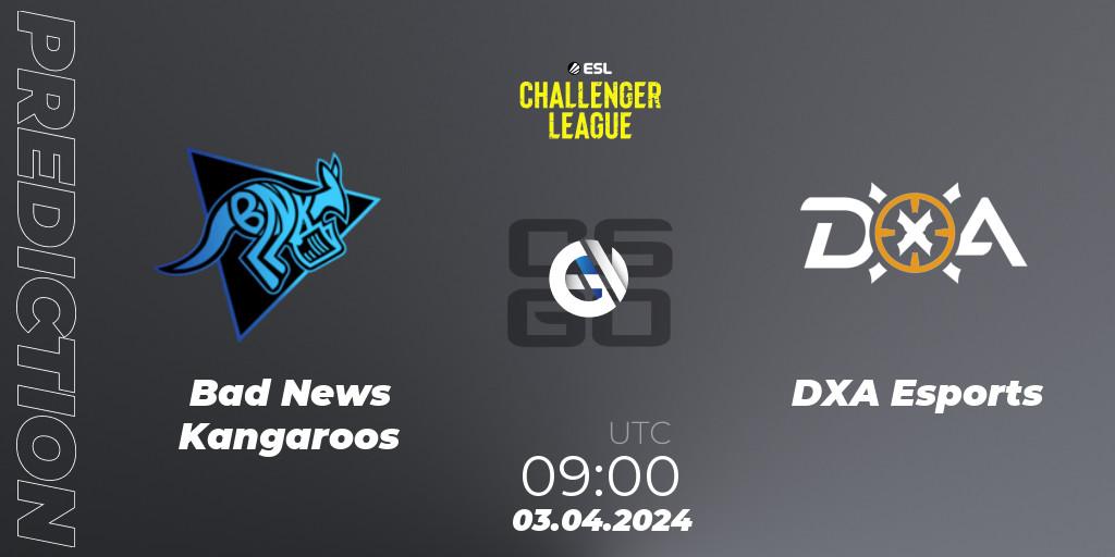 Bad News Kangaroos contre DXA Esports : prédiction de match. 03.04.2024 at 09:00. Counter-Strike (CS2), ESL Challenger League Season 47: Oceania