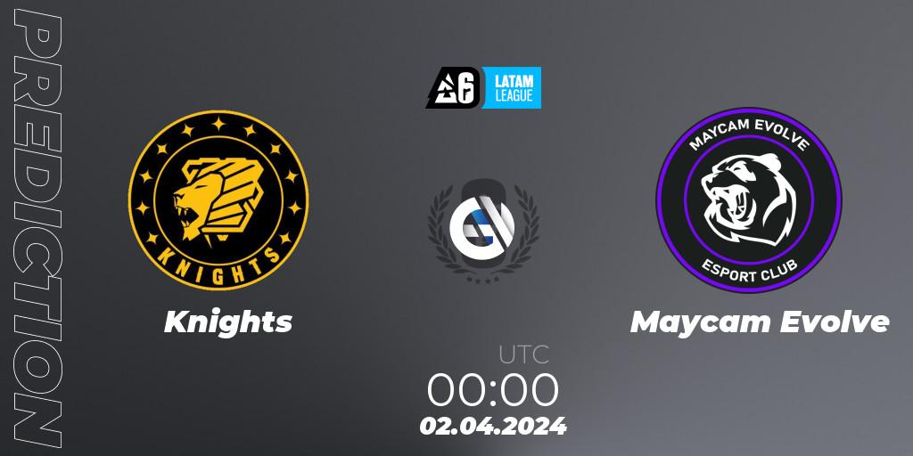Knights contre Maycam Evolve : prédiction de match. 02.04.2024 at 00:00. Rainbow Six, LATAM League 2024 - Stage 1: LATAM South