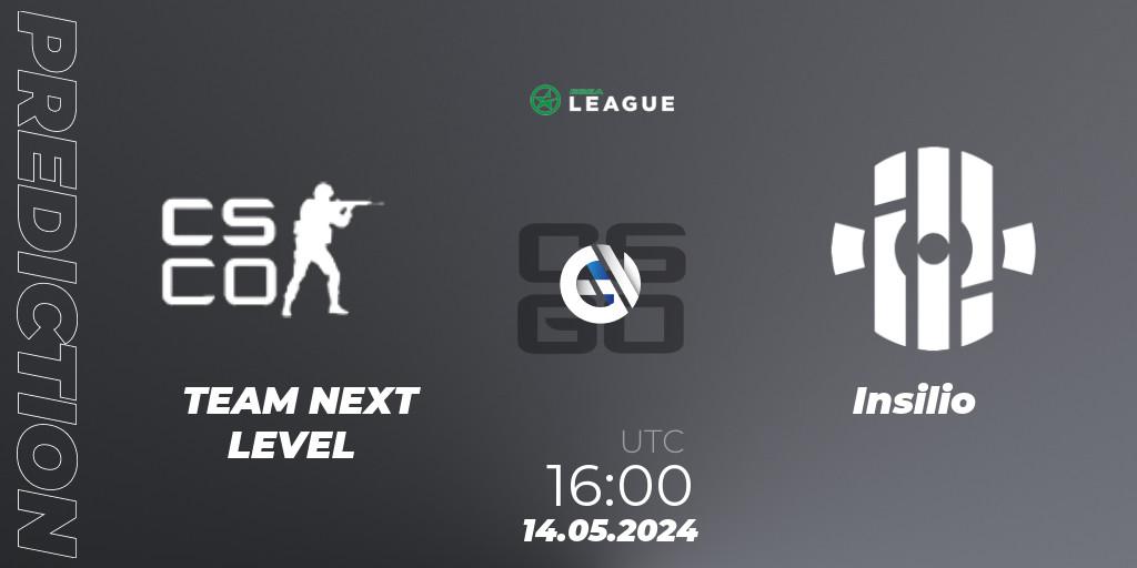 TEAM NEXT LEVEL contre Insilio : prédiction de match. 14.05.2024 at 16:00. Counter-Strike (CS2), ESEA Season 49: Advanced Division - Europe