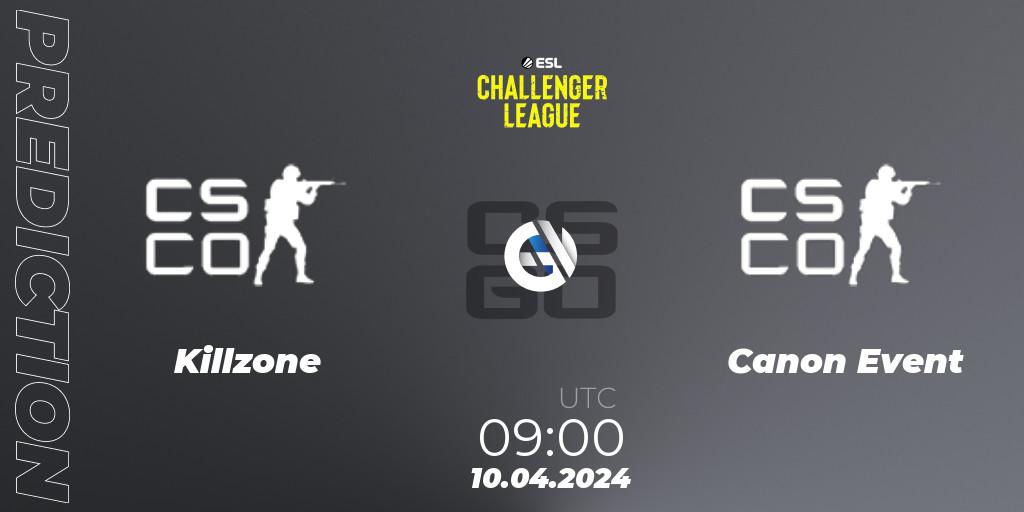 Killzone contre Canon Event : prédiction de match. 10.04.2024 at 09:00. Counter-Strike (CS2), ESL Challenger League Season 47: Oceania