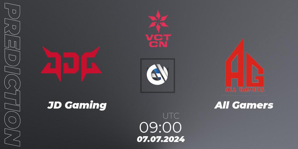JD Gaming contre All Gamers : prédiction de match. 07.07.2024 at 09:00. VALORANT, VALORANT Champions Tour China 2024: Stage 2 - Group Stage