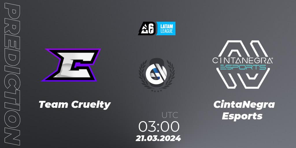 Team Cruelty contre CintaNegra Esports : prédiction de match. 21.03.2024 at 03:00. Rainbow Six, LATAM League 2024 - Stage 1: LATAM North