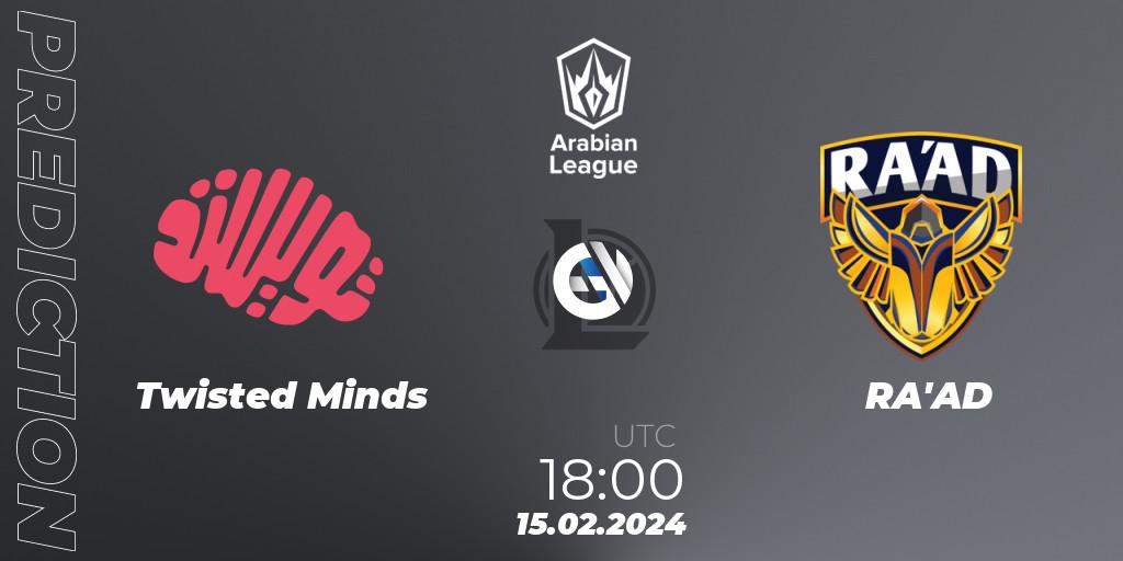 Twisted Minds contre RA'AD : prédiction de match. 15.02.2024 at 18:00. LoL, Arabian League Spring 2024