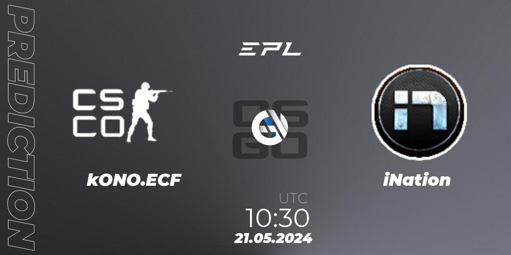 kONO.ECF contre iNation : prédiction de match. 21.05.2024 at 10:30. Counter-Strike (CS2), European Pro League Season 16