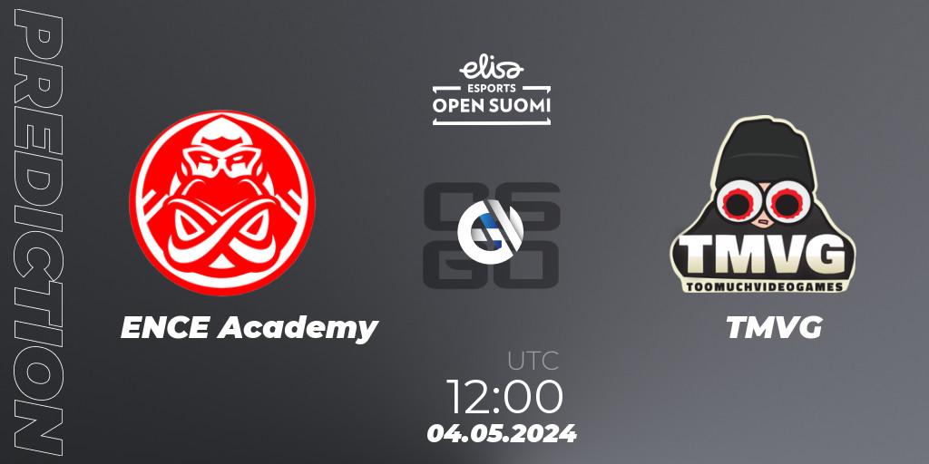 ENCE Academy contre TMVG : prédiction de match. 04.05.2024 at 12:00. Counter-Strike (CS2), Elisa Open Suomi Season 6