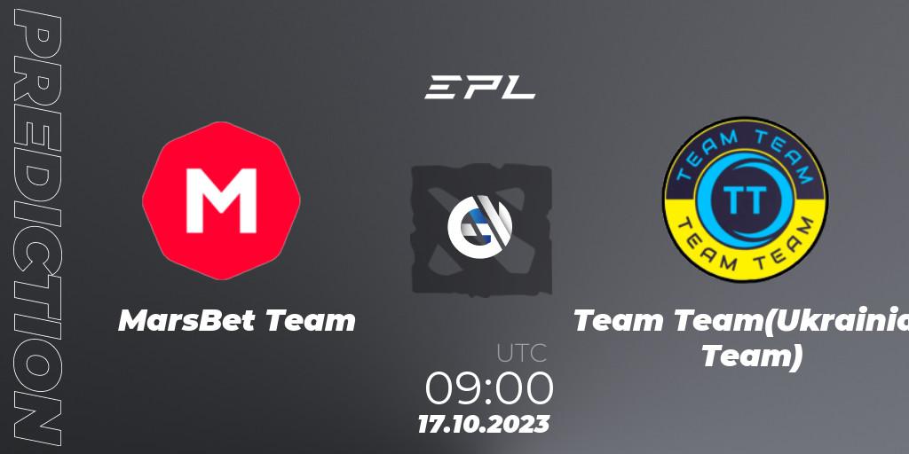 MarsBet Team contre Team Team(Ukrainian Team) : prédiction de match. 17.10.2023 at 09:00. Dota 2, European Pro League Season 13