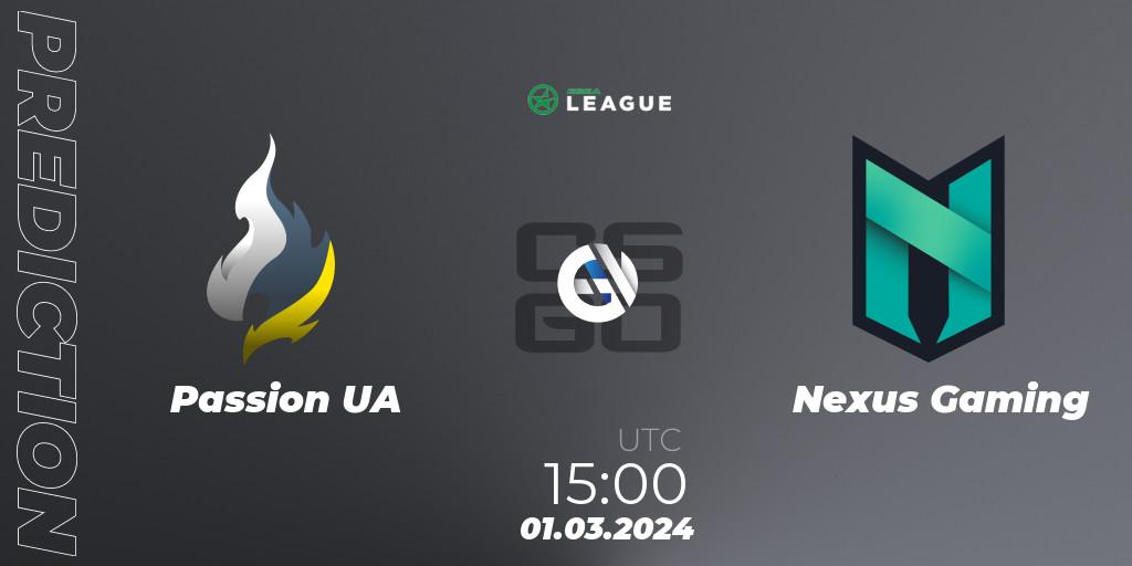 Passion UA contre Nexus Gaming : prédiction de match. 01.03.24. CS2 (CS:GO), ESEA Season 48: Advanced Division - Europe