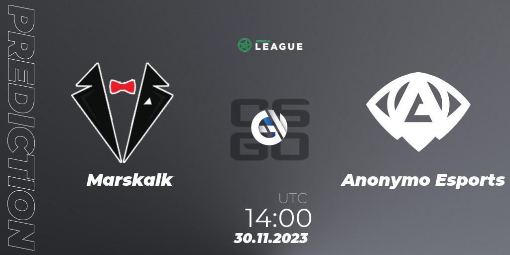 Marskalk contre Anonymo Esports : prédiction de match. 30.11.2023 at 14:00. Counter-Strike (CS2), ESEA Season 47: Advanced Division - Europe