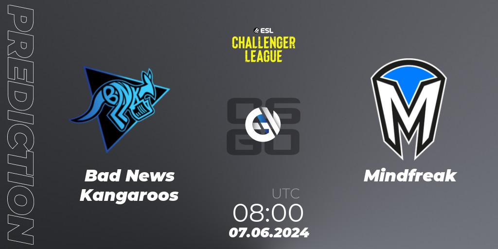 Bad News Kangaroos contre Mindfreak : prédiction de match. 07.06.2024 at 08:00. Counter-Strike (CS2), ESL Challenger League Season 47: Oceania