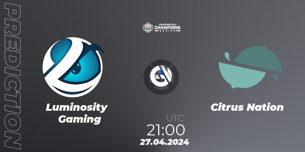 Luminosity Gaming contre Citrus Nation : prédiction de match. 27.04.2024 at 21:00. Overwatch, Overwatch Champions Series 2024 - North America Stage 2 Main Event