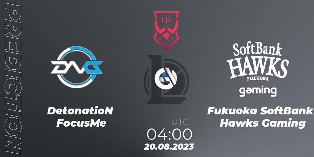 DetonatioN FocusMe contre Fukuoka SoftBank Hawks Gaming : prédiction de match. 20.08.2023 at 05:00. LoL, LJL Summer 2023