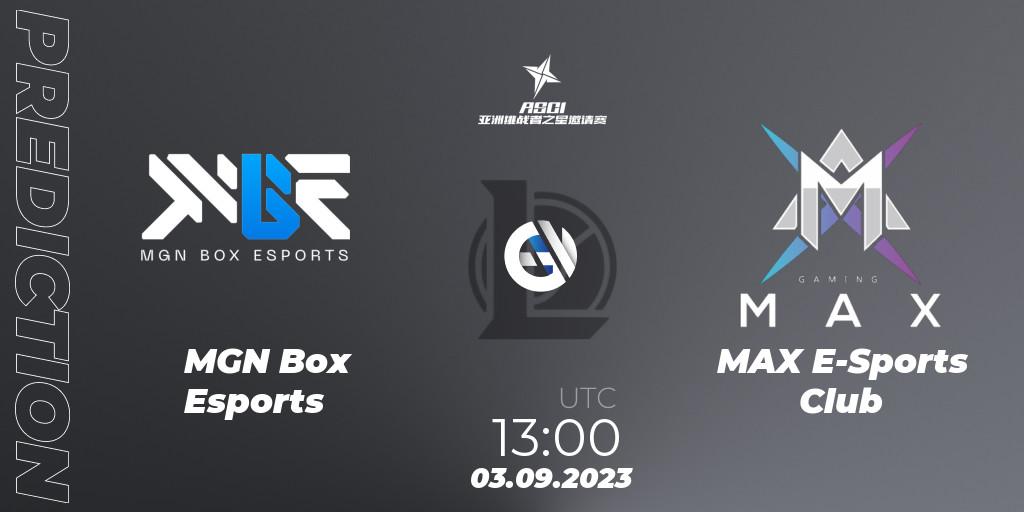 MGN Box Esports contre MAX E-Sports Club : prédiction de match. 03.09.2023 at 13:00. LoL, Asia Star Challengers Invitational 2023