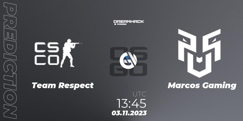Team Respect contre Marcos Gaming : prédiction de match. 03.11.2023 at 16:15. Counter-Strike (CS2), DreamHack Hyderabad Invitational 2023