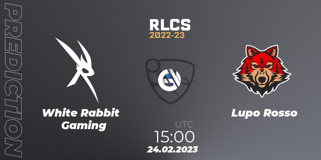 White Rabbit Gaming contre Lupo Rosso : prédiction de match. 24.02.2023 at 15:00. Rocket League, RLCS 2022-23 - Winter: Sub-Saharan Africa Regional 3 - Winter Invitational