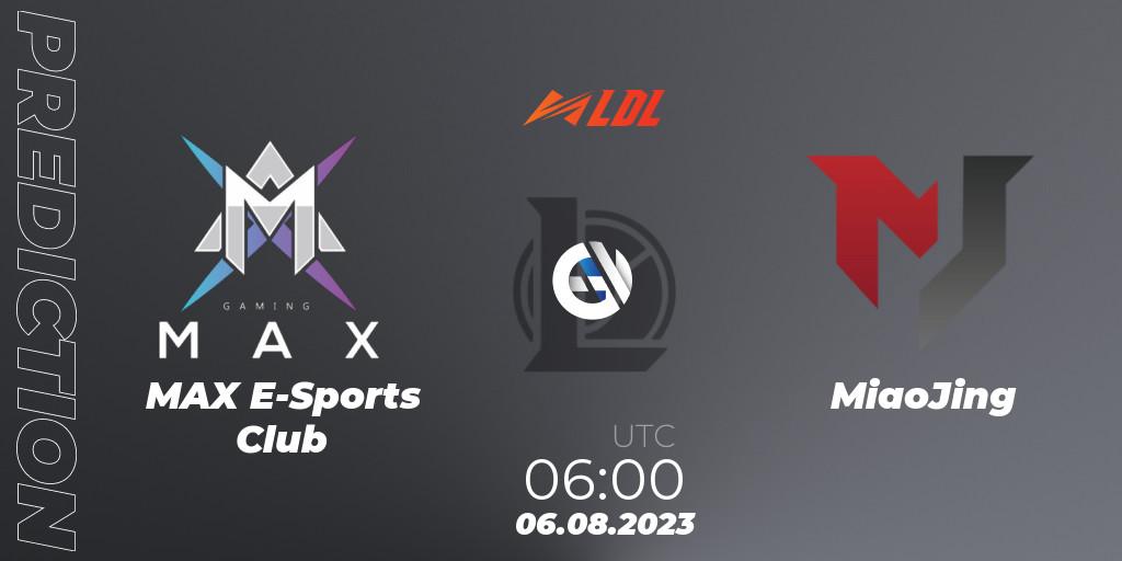 MAX E-Sports Club contre MiaoJing : prédiction de match. 06.08.2023 at 06:00. LoL, LDL 2023 - Playoffs