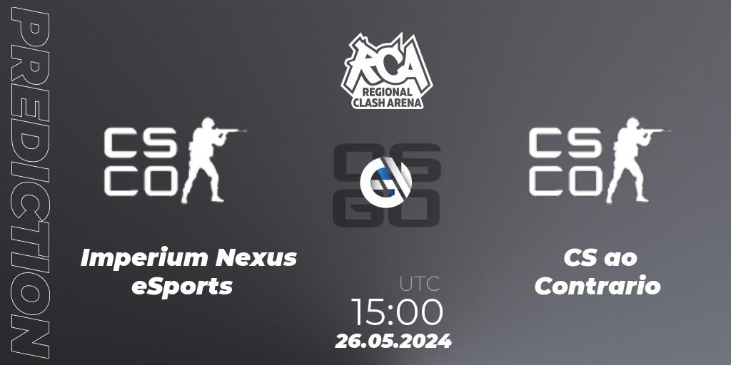 Imperium Nexus eSports contre CS ao Contrario : prédiction de match. 26.05.2024 at 15:00. Counter-Strike (CS2), Regional Clash Arena South America: Closed Qualifier