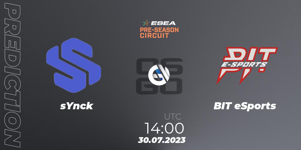 sYnck contre BIT eSports : prédiction de match. 30.07.2023 at 14:00. Counter-Strike (CS2), ESEA Pre-Season Circuit 2023: European Final