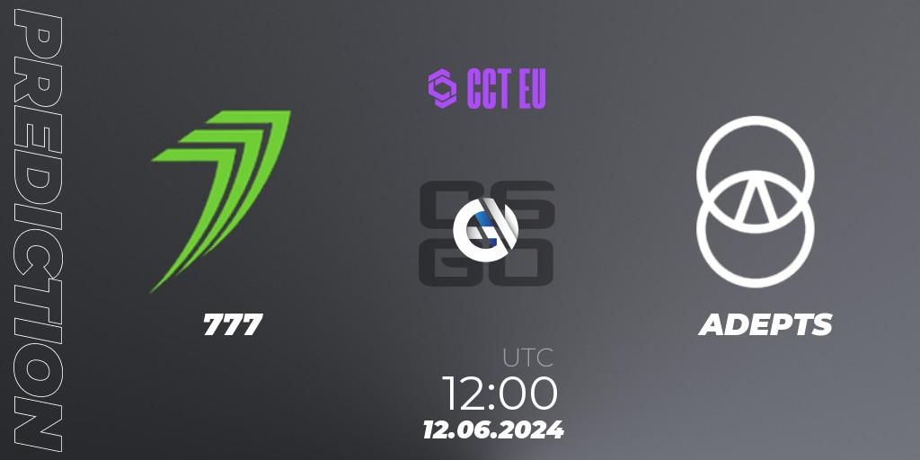 777 contre ADEPTS : prédiction de match. 12.06.2024 at 12:00. Counter-Strike (CS2), CCT Season 2 European Series #6 Play-In