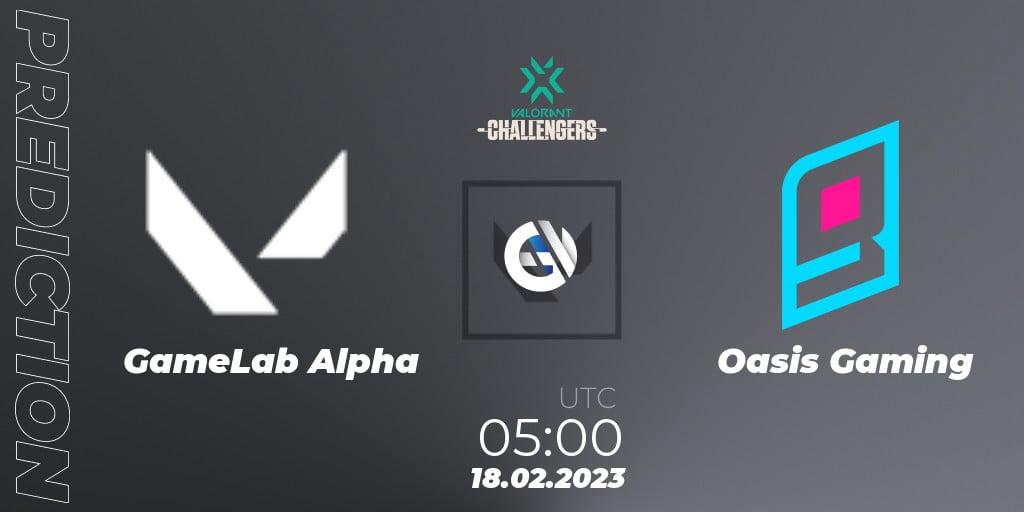 GameLab Alpha contre Oasis Gaming : prédiction de match. 18.02.2023 at 05:00. VALORANT, VALORANT Challengers 2023: Philippines Split 1