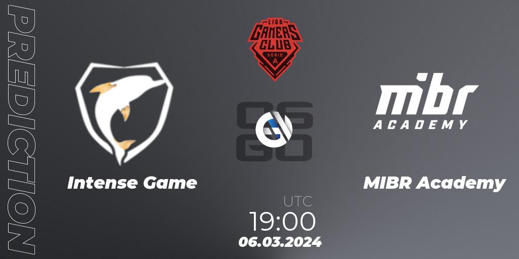 Intense Game contre MIBR Academy : prédiction de match. 06.03.2024 at 19:00. Counter-Strike (CS2), Gamers Club Liga Série A: February 2024