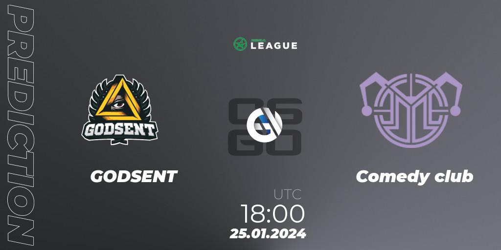GODSENT contre Comedy club : prédiction de match. 25.01.2024 at 18:00. Counter-Strike (CS2), ESEA Season 48: Advanced Division - Europe