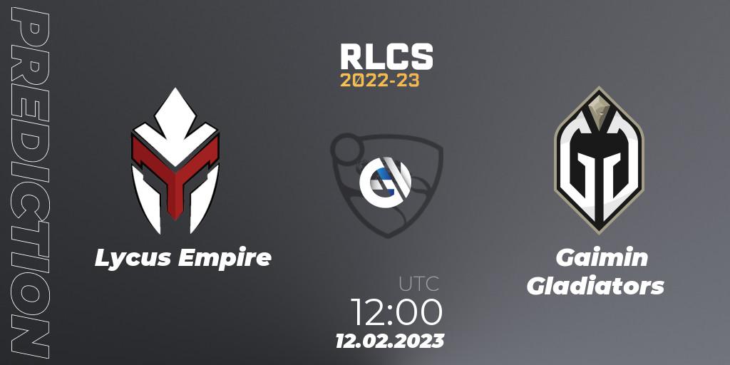 Lycus Empire contre Gaimin Gladiators : prédiction de match. 12.02.2023 at 12:15. Rocket League, RLCS 2022-23 - Winter: Asia-Pacific Regional 2 - Winter Cup