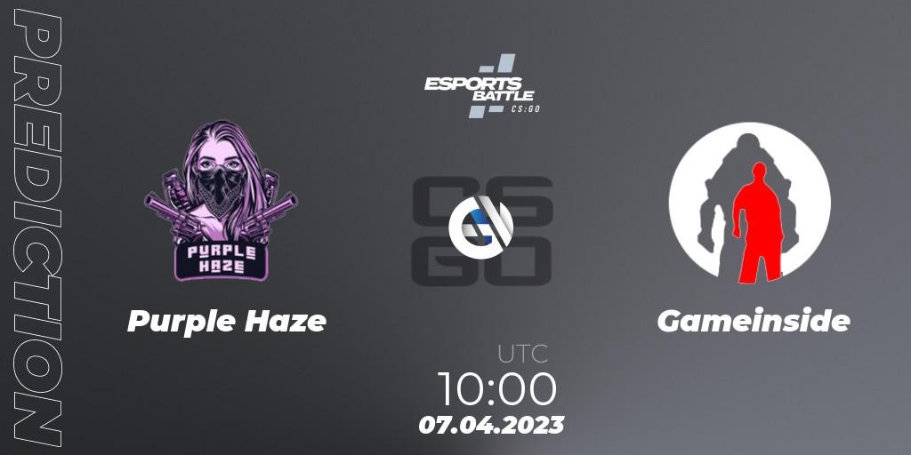 Purple Haze contre Gameinside : prédiction de match. 07.04.2023 at 10:00. Counter-Strike (CS2), ESportsBattle Season 15