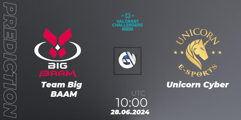 Team Big BAAM contre Unicorn Cyber : prédiction de match. 28.06.2024 at 10:00. VALORANT, VALORANT Challengers 2024: Vietnam Split 2