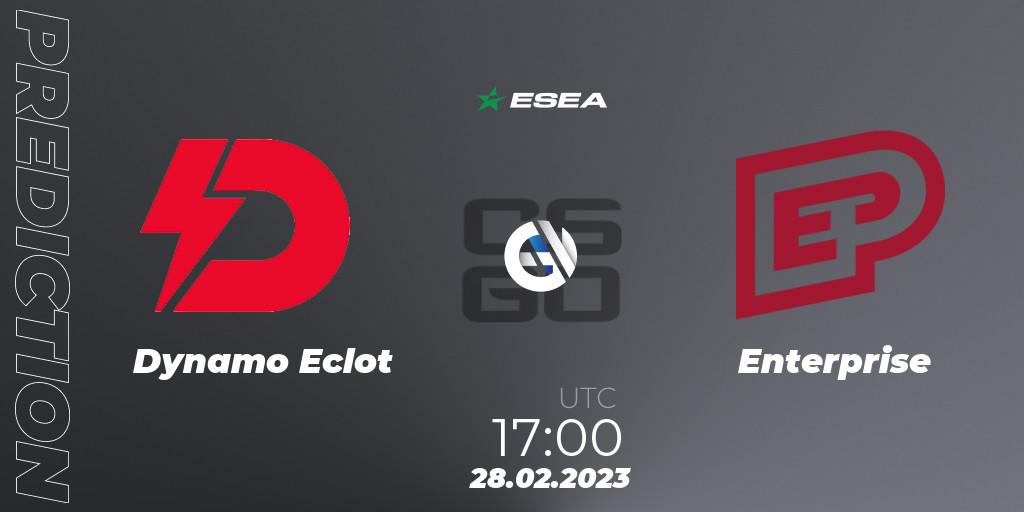 Dynamo Eclot contre Enterprise : prédiction de match. 28.02.2023 at 17:00. Counter-Strike (CS2), ESEA Season 44: Advanced Division - Europe