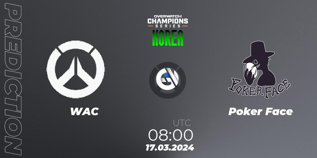 WAC contre Poker Face : prédiction de match. 17.03.2024 at 08:00. Overwatch, Overwatch Champions Series 2024 - Stage 1 Korea