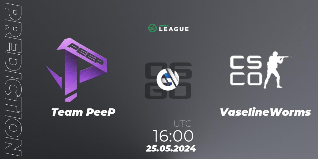 Team PeeP contre VaselineWorms : prédiction de match. 25.05.2024 at 18:00. Counter-Strike (CS2), ESEA Season 49: Advanced Division - Europe
