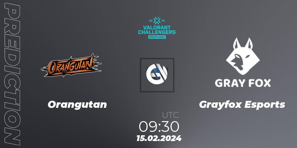 Orangutan contre Grayfox Esports : prédiction de match. 15.02.2024 at 09:30. VALORANT, VALORANT Challengers 2024: South Asia Split 1 - Cup 1