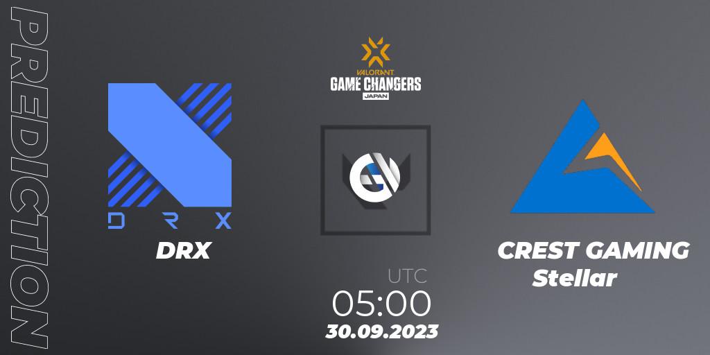DRX contre CREST GAMING Stellar : prédiction de match. 30.09.2023 at 05:00. VALORANT, VCT 2023: Game Changers Japan Split 2