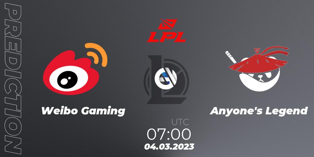 Weibo Gaming contre Anyone's Legend : prédiction de match. 04.03.2023 at 07:00. LoL, LPL Spring 2023 - Group Stage