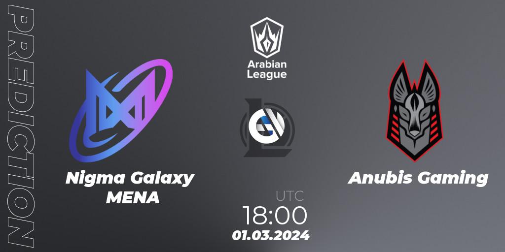 Nigma Galaxy MENA contre Anubis Gaming : prédiction de match. 01.03.2024 at 18:00. LoL, Arabian League Spring 2024
