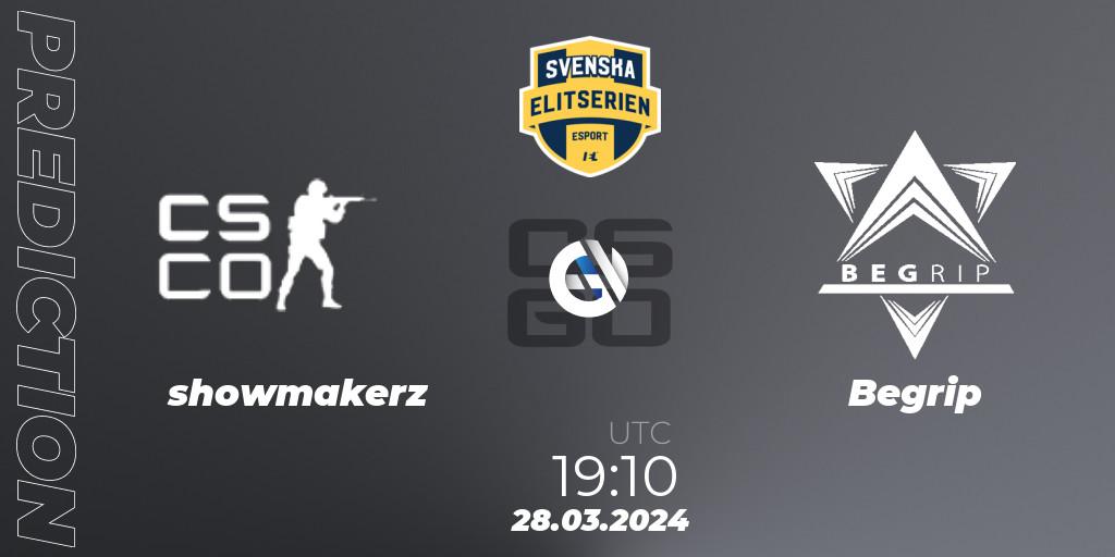 showmakerz contre Begrip : prédiction de match. 27.03.2024 at 19:10. Counter-Strike (CS2), Svenska Elitserien Spring 2024
